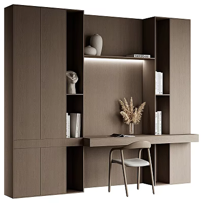 Modern Wooden Desk With LED Lighting Dried Pampas Grass And Decorative Shelves 3d model