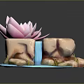 Small Fish Swimming In Pond With Pink Lotus Stone Waterfall And Green Grass