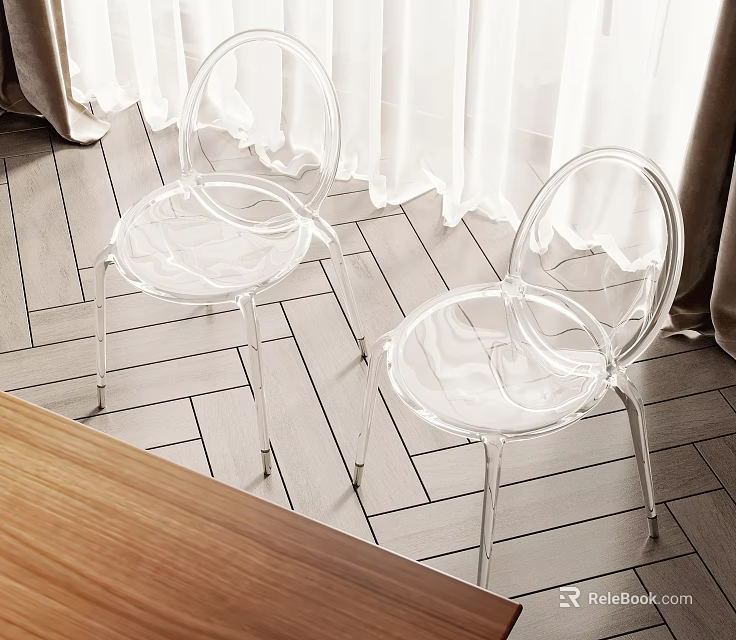 Transparent Leisure Chairs with Modern Design on Wooden Floor and White Curtains 3d model 
