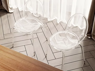Transparent Leisure Chairs with Modern Design on Wooden Floor and White Curtains 3d model