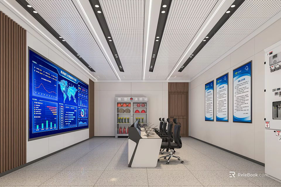 Modern Monitoring Room With Large Screens Data Charts Control Desk And Office Chairs 3d model 