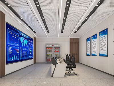 Modern Monitoring Room With Large Screens Data Charts Control Desk And Office Chairs 3d model