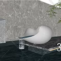 Polished Stainless Steel Sculpture With Reflective Surface In Outdoor Garden Featuring Waterfall And Marble Wall