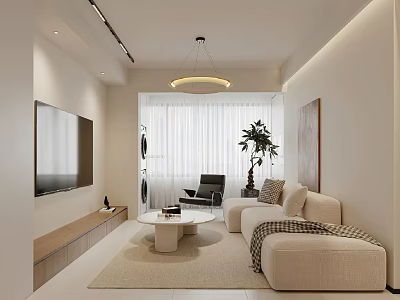 Modern Living Room Interior With Beige Sofa Round Coffee Table Black Chair And Potted Plant 3d model