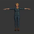 Blonde Woman In Plaid Shirt Blue Jeans Brown Boots With Arms Outstretched Against Gray Background