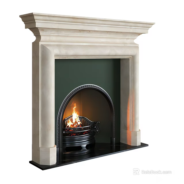 Classic Stone Fireplace with Arch Design and Burning Flames 3d model