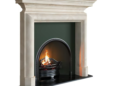 Classic Stone Fireplace with Arch Design and Burning Flames 3d model
