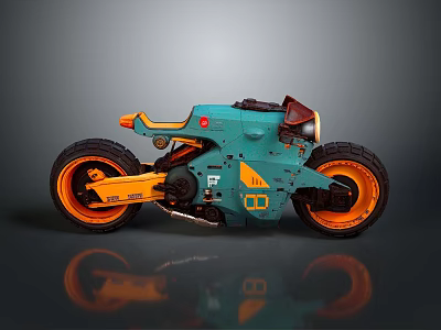 Teal And Orange Motorcycle With Unique Design And Reflective Surface Features 3d model
