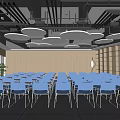 School Assembly Hall With Neatly Arranged Blue Chairs Wooden Bookshelves And Round White Ceiling Lights