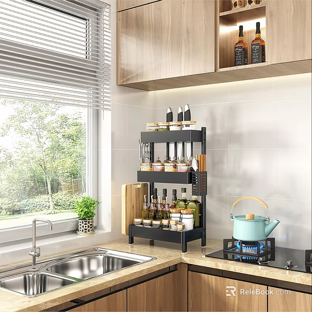 Practical Kitchen Storage Rack With Spice Bottles Knives And Cooking Utensils 3d model