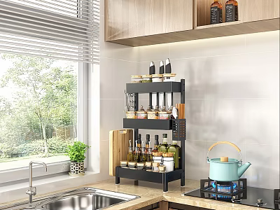 Practical Kitchen Storage Rack With Spice Bottles Knives And Cooking Utensils 3d model