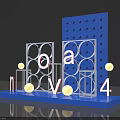 Creative Interactive Zone With Blue Display Stand Geometric Frames Letters Dotted Background And Reflective Base 3d model
