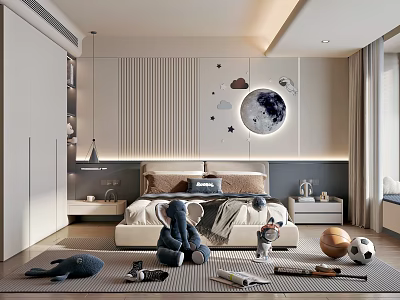 Cozy Kids Room Interior Design With Bed Moon Stars Wall Decor Stuffed Animals And Toys 3d model
