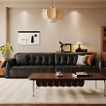 Modern Living Room Interior With Black Leather Sofa Window Blinds Decorative Painting And Green Plant