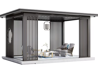 Modern Garden Pavilion With Outdoor Lounge Sofa Coffee Table Metal Slats And Hanging Lamp Design 3d model