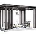 Modern Garden Pavilion With Outdoor Lounge Sofa Coffee Table Metal Slats And Hanging Lamp Design