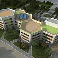 Modern Hexagonal School Building Featuring Green Roofs Skylights And Campus Trees 3d model