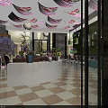 Stylish Restaurant Interior With Green Wall Flower Decorations Chandeliers Checkerboard Floor And Sofa Seating