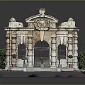 Cartoon Scenic Classical Building Model With Arched Gate Columns Steps And Potted Plants 3d model