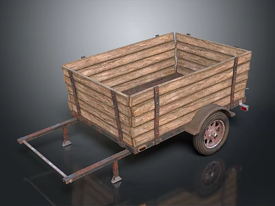 Rustic Wooden Trailer With Wooden Bed Metal Frame And Single Wheel 3d model