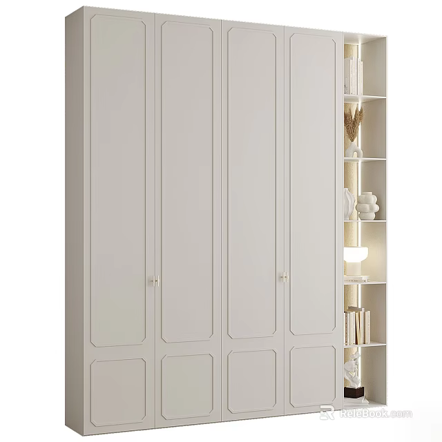 Modern White Wardrobe Interior With Four Doors Illuminated Open Shelves And Decorations 3d model 