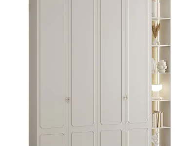 Modern White Wardrobe Interior With Four Doors Illuminated Open Shelves And Decorations 3d model