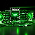 Modern Smart Stage Design with Green Dynamic Lighting Effects and Printed Backdrop