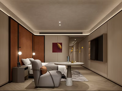 Modern Hotel Room Interior With Comfortable Bed Stylish Chair Warm Lighting And Artwork 3d model