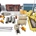 Essential Construction Components Including Pipes Metal Bars Containers And Concrete Blocks 3d model