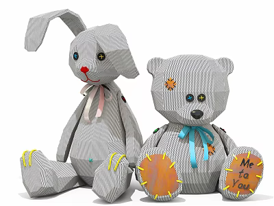 Handmade Stuffed Rabbit and Bear Dolls with Striped Ribbon and Orange Paws Me To You 3d model