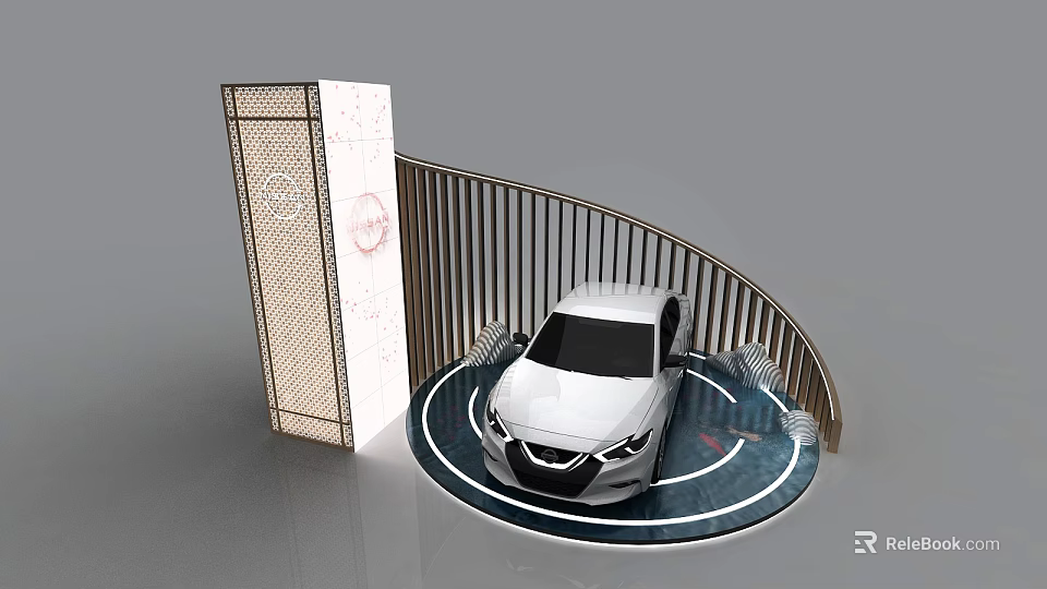 White Modern Car Showcased On Circular Platform With Curved Railing And Decorative Pillar 3d model 