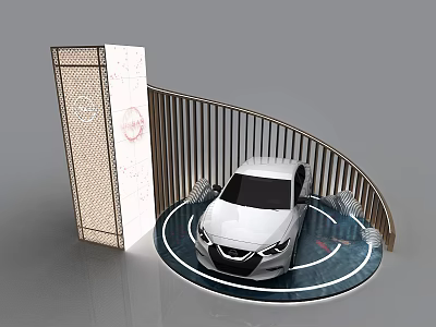 White Modern Car Showcased On Circular Platform With Curved Railing And Decorative Pillar 3d model