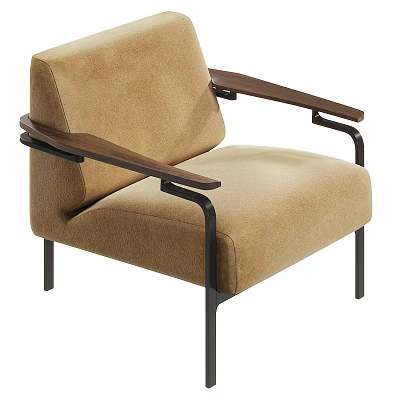 Modern Brown Fabric Accent Chair with Wooden Arms and Black Metal Frame 3d model