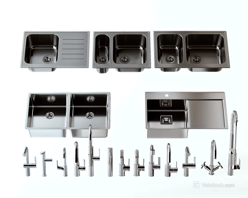 Stainless Steel Kitchen Sinks Featuring Single Double Bowl Designs And Faucet Accessories 3d model 