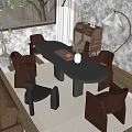 Quiet Style Dining Table and Chair Combination Oval Dining Table for Six 3d model