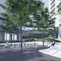 Contemporary Commercial Landscape With Glass Facade Architecture Outdoor Trees Walkway And Pedestrians