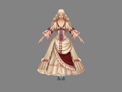Blonde Female Character In Red And Beige Long Dress With Corset Lace And Ruffled Cuffs 3d model