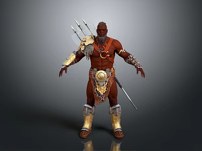 Man With Red Skin Wearing Golden Armor Carrying Spear And Quiver 3d model