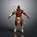 Man With Red Skin Wearing Golden Armor Carrying Spear And Quiver