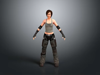 Action Ready Woman In Gray Tank Top Black Arm Guards And Dark Cargo Pants 3d model