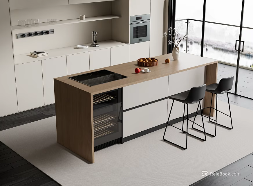 Modern Bar Counter With Wooden Top And Black Bar Stools In Contemporary Space 3d model 