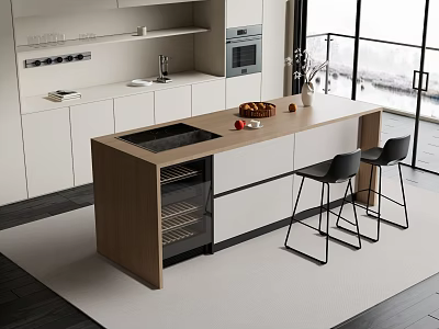 Modern Bar Counter With Wooden Top And Black Bar Stools In Contemporary Space 3d model