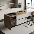 Modern Bar Counter With Wooden Top And Black Bar Stools In Contemporary Space