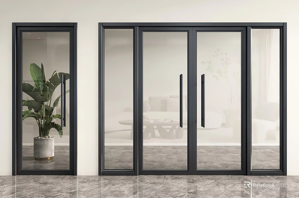 Double Glass Doors With Black Frame In Modern Interior Featuring Green Plant And Marble Floor 3d model 