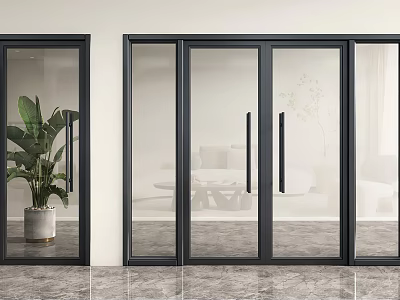Double Glass Doors With Black Frame In Modern Interior Featuring Green Plant And Marble Floor 3d model