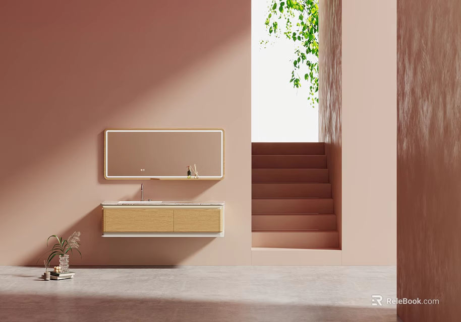 Modern Bathroom Cabinet With Mirror On Pink Wall And Green Plant 3d model 