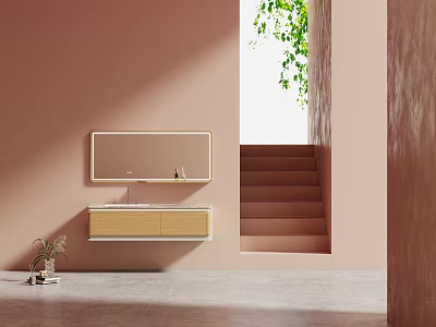 Modern Bathroom Cabinet With Mirror On Pink Wall And Green Plant 3d model