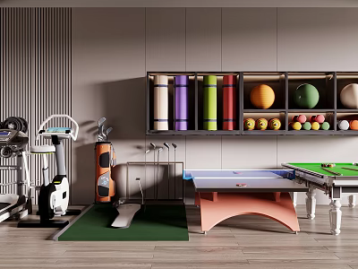 Indoor Sports Equipment Including Treadmill Golf Clubs Ping Pong Billiard Tables Yoga Rollers Fitness Balls 3d model