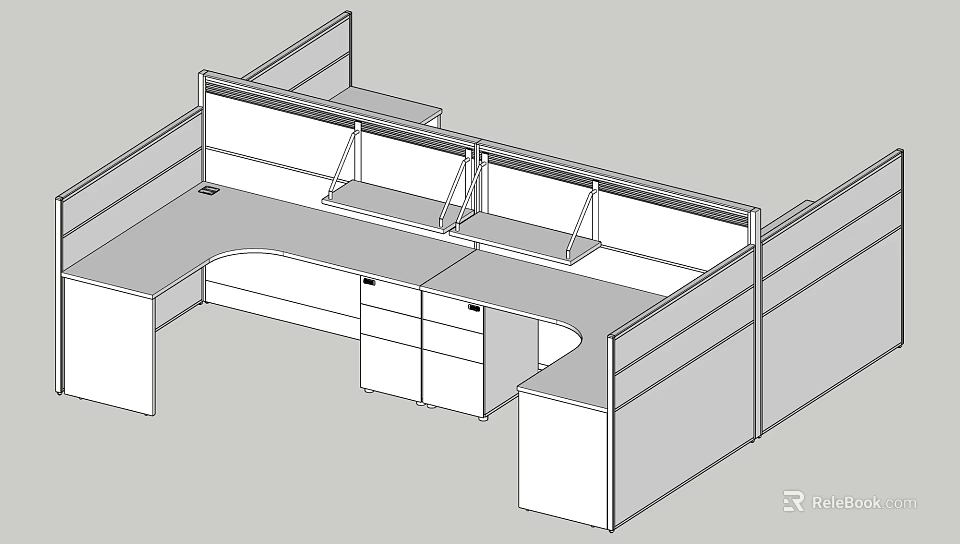 Functional Office Desk With Partition Multiple Workstations Drawers And Storage Cabinets 3d model 