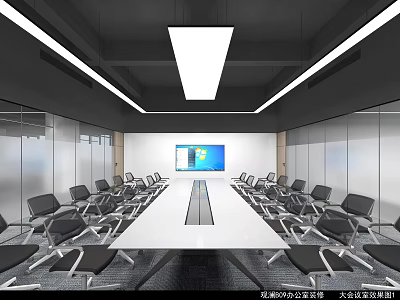 Modern Conference Room Interior With Long Table Black Chairs Large Screen And Ceiling Lighting 3d model